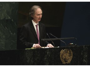 FILE - In this Jan. 22, 2015 file photo, the then Norwegian Ambassador to the U.N. Geir O. Pederson addresses the United Nations General Assembly. Deputy Syrian Foreign Minister Faisal Mekdad was quoted in the pro-government daily Al-Watan on Sunday, Nov. 4, 2018, saying it will cooperate with new U.N. envoy Geir Pederson if he avoids the "methods" of his predecessor. Pedersen succeeds Staffan de Misutra, who stepped down after four years of peace efforts that led nowhere.