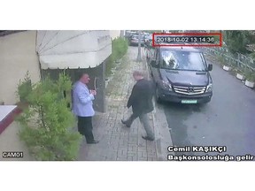 FILE - In this Oct. 2, 2018file image taken from CCTV video obtained by the Turkish newspaper Hurriyet, shows Saudi journalist Jamal Khashoggi entering the Saudi consulate in Istanbul. Saudi Crown Prince Mohammed bin Salman's first trip abroad since the killing of Khashoggi will offer an early indication of whether he will face any repercussions. The prince is visiting close allies in the Middle East before attending the Group of 20 Summit in Argentina, where he will come face to face with Trump, who appears keen to preserve their friendship, as well as European leaders and Turkey's president, who has stepped up pressure on the kingdom. (CCTV/Hurriyet via AP, File)