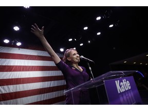 Katie Hill, a Democratic Party candidate from California's 25th congressional district speak waves at supporters during an election watch party Tuesday, Nov. 6, 2018, in Santa Clarita, Calif. Hill is running against Republican incumbent Steve Knight.