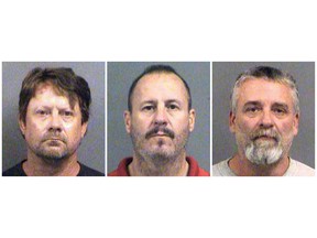 FILE - This combination of Oct. 14, 2016, file booking photos provided by the Sedgwick County Sheriff's Office in Wichita, Kan., shows from left, Patrick Stein, Curtis Allen and Gavin Wright, three members of a Kansas militia group who were charged with plotting to bomb an apartment building filled with Somali immigrants in Garden City, Kan. Attorneys for the three men have asked the court to bar at sentencing any victim impact statements, arguing no one was actually hurt. Prosecutors say the men are trying to "minimize their actions and de-personalize their crimes." (Sedgwick County Sheriff's Office via AP, File)