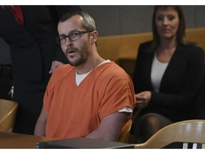 Christopher Watts sits in court for his sentencing hearing at the Weld County Courthouse on Monday, Nov. 19, 2018, in Greeley, Colo. Watts received three consecutive life sentences without a chance at parole on Monday, nearly two weeks after pleading guilty to avoid the death penalty.