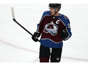 Colorado Avalanche left wing Gabriel Landeskog celebrates after scoring a goal against the Boston Bruins during the first period of an NHL hockey game Wednesday, Nov. 14, 2018, in Denver.