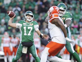 Saskatchewan Roughriders quarterback Zach Collaros looks downfield for a receiver during first half CFL action in Regina on October 27, 2018. Roughriders quarterback Zach Collaros will start on Sunday in the West Division semifinal against the Winnipeg Blue Bombers. Saskatchewan announced the decision on Twitter after speculation surrounded Collaros's health all week.