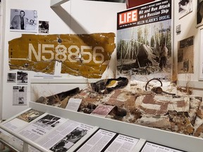 A unique artifact linked to a harrowing tale of survival is now on display at the Yukon Transportation Museum in Whitehorse. Fabric bearing the registration numbers of a plane that crashed in Yukon in 1963 has been donated to the museum by the family of the pilot who led the rescue of the plane's two passengers, Ralph Flores and Helen Klaben. The fabric and other assorted artifacts are seen in a recent handout photo.
