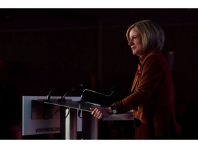 Rachel Notley speaks during the Alberta NDP Convention in Edmonton on Sunday, Oct. 28, 2018. Premier Rachel Notley handed out a carbon tax break for drillers and criticism of Ottawa's lack of appreciation of current discounts on western Canadian oil.