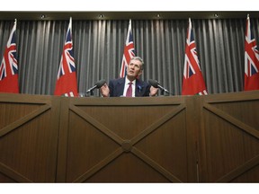 Manitoba Premier Brian Pallister speaks to media after the reading of the throne speech at the Manitoba Legislature in Winnipeg on November 20, 2018. Manitoba Premier Brian Pallister says an Opposition call for buffer zones around abortion clinics and hospitals would be a slippery slope toward taking away some freedoms.