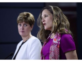 Foreign Affairs Minister Chrystia Freeland and Marie-Claude Bibeau, Minister of International Development and La Francophonie, arrive at the National Press Theatre to make an announcement and hold a media availability on Canada's response to the Rohingya crisis in Ottawa on Wednesday, May 23, 2018. Canada is raising concern over reports that Rohingya refugees will soon return to Myanmar ??? the country in which they have been targets of what has been officially declared a genocide.