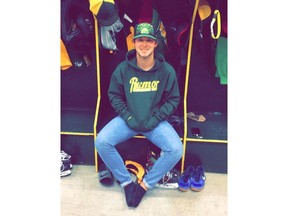 Tyler Smith of the Humboldt Broncos is shown in a handout photo. An injured player who returned to the Humboldt Broncos junior hockey team earlier this month has decided to step away. Tyler Smith, who is 20, said in a social media post Thursday that he has thankful for all the support from the team, its fans and his billets for welcoming him back to Humboldt. But he says he has decided to step away from the team and recover at home.