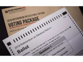 The 2018 Referendum on Electoral Reform package and mail in ballot from Elections B.C. is pictured in North Vancouver, B.C., Thursday, Nov. 1, 2018. As residents of the province vote in an ongoing referendum on electoral reform, the Vote No side is cautioning that the system would allow extremists to be elected with a tiny percentage of votes and hold the balance of power with "disastrous results."