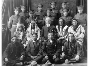 Recruits from File Hills, Saskatchewan pose with elders and a government representative in a 1915 photo from the Saskatchewan Provincial Archives Collection. About 4,000 First Nations men served in the First World War. After the armistice of Nov. 11, 1918, they came back to Canada and were still unable to vote, faced racism and were largely shut out of the meagre benefits that were provided. THE CANADIAN PRESS/HO-Saskatchewan Provincial Archives Collection MANDATORY CREDIT