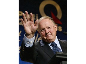 Parti Quebecois Leader Bernard Landry waves before his opening speech of three-day party meeting, Friday, Aug. 27, 2004, in Quebec City. Landry has died at age 81.THE CANADIAN PRESS/Clement Allard