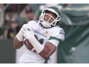 Saskatchewan Roughriders' Justin Cox during first half action in Edmonton, Alta., on Friday July 8, 2016.