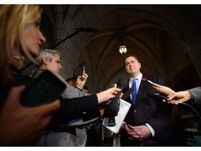 Conservative Leader Andrew Scheer speaks to media on Parliament Hill, in Ottawa on November 7, 2018. The federal Conservatives return to the House of Commons today after a tumultuous two weeks that included losing one of their most well-known MPs to a sexual harassment scandal.