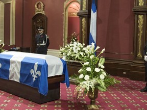 The casket of former Quebec premier Bernard Landry lying in state at the National Assembly in Quebec City on Saturday November 10, 2018.