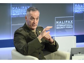 General Joseph F. Dunford, Jr., a United States Marine Corps general and the 19th Chairman of the Joint Chiefs of Staff, speaks at the Halifax International Security Forum in Halifax on Saturday, Nov. 17, 2018.