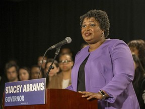 Georgia gubernatorial candidate Stacey Abrams makes remarks during a press conference at the Abrams Headquarters in Atlanta, Friday, Nov. 16, 2018.