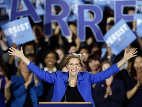 In this Nov. 6, 2018, file photo, Sen. Elizabeth Warren, D-Mass., gives her victory speech at a Democratic election watch party in Boston.