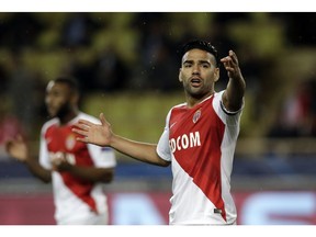 Monaco forwarder Radamel Falcao gestures during the Champions League Group A soccer match between Monaco and Club Brugge at the Louis II stadium in Monaco, Tuesday, Nov. 6, 2018.