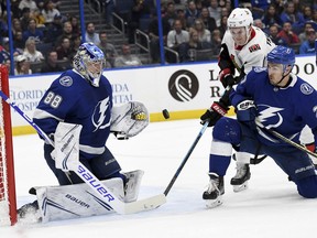 Tampa Bay Lightning goaltender Andrei Vasilevskiy (88) makes a save during the first period of the team's NHL hockey game against the Ottawa Senators on Saturday, Nov. 10, 2018, in Tampa, Fla.