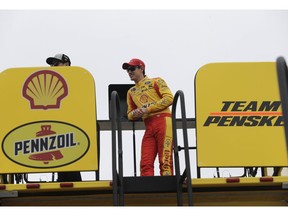 Joey Logano watches from his hauler during practice for the NASCAR Cup series auto race at the Homestead-Miami Speedway, Friday, Nov. 16, 2018, in Homestead, Fla.