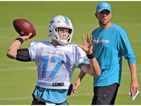 Miami Dolphins quarterback Ryan Tannehill (17) throws during NFL football practice, Tuesday, Nov. 20, 2018, in Davie, Fla.