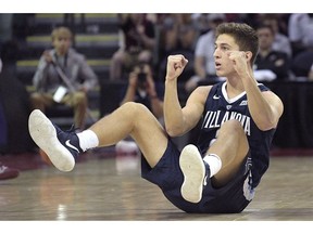 Villanova guard Collin Gillespie celebrates after forcing a turnover by Florida State during the first half of an NCAA college basketball game Sunday, Nov. 25, 2018, in Lake Buena Vista, Fla.