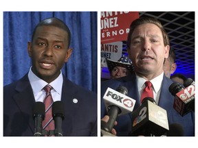 This combination of November 2018 photo shows Andrew Gillum, left, the Democratic candidate for governor, and  Republican candidate Ron DeSantis. On Saturday, Nov. 17, 2018, Gillum ended his hard-fought campaign, just hours before counties must turn in their official results following days of recounting ballots.