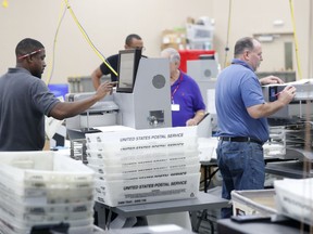 Employees at the Broward County Supervisor of Elections office count ballots from the Mid-term election, Thursday, Nov. 8, 2018, in Lauderhill, Fla.