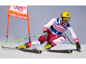 Max Franz of Austria skis down the course during the men's World Cup downhill ski race in Lake Louise, Alta., on Saturday, Nov. 24, 2018.