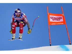 Erik Guay of Canada skis down the course during a training run for the men's World Cup downhill ski race in Lake Louise, Alta., on Wednesday, Nov. 21, 2018.