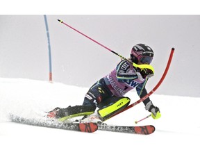 Sweden's Frida Hansdotter competes during the first run of the alpine ski, women's World Cup slalom in Killington, Vt., Sunday, Nov. 25, 2018.