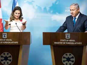 Israeli Prime Minister Benjamin Netanyahu meets Canadian Foreign Minister Chrystia Freeland at the Foreign Ministry in Jerusalem, Oct. 31, 2018.