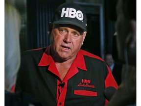FILE - In this June 13, 2016, file photo, Dennis Hof, owner of the Moonlite BunnyRanch, a legal brothel near Carson City, Nevada, is pictured during an interview in Oklahoma City. Hof, who died last month after fashioning himself as a Donald Trump-style Republican candidate has won a heavily GOP state legislative district. Hof defeated Democratic educator Lesia Romanov on Tuesday, Nov. 8, 2018 in the race for Nevada's 36th Assembly District.