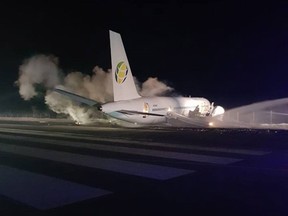 Crews work on a Fly Jamaica Airways plane at Cheddi Jagan International Airport in Georgetown, Guyana on Friday, November 9, 2018 in this photo from the airport's Facebook page.