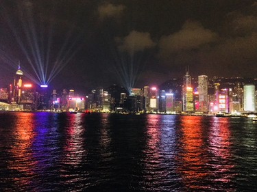 The Hong Kong skyline light show is spectacular from Ocean Terminal.