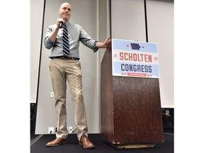 Democratic Iowa 4th Congressional District candidate J.D. Scholten gives his concession speech during a Democratic Party election returns watch party Tuesday, Nov. 6, 2018, in Sioux City, Iowa. Scholten lost to incumbent Republican Steve King.