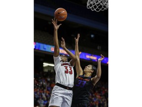 Louisville forward Bionca Dunham (33) puts up a shot against the defensive pressure of Boise State forward Joyce Harrell (33) in the first half of an NCAA college basketball game, Monday, Nov. 19, 2018, in Boise, Idaho.