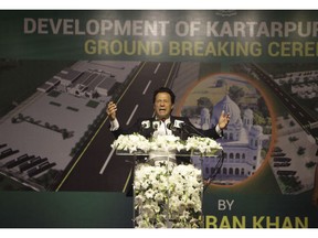 Pakistani Prime Minister Imran Khan addresses during a ceremony in Kartarpur, Pakistan, Wednesday, Nov. 28, 2018. Khan attended the groundbreaking ceremony for the first visa-free border crossing with India, a corridor that will allow Sikh pilgrims to easily visit their shrines on each side of the border. The crossing, known as the Kartarpur corridor is a rare sign of cooperation between the two nuclear-armed rival countries.