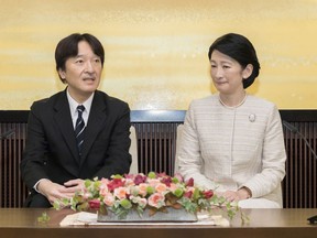 In this Nov. 22, 2018, photo Japan's Prince Akishino and his wife Princess Kiko attend a press conference ahead of his birthday at their residence in Tokyo.