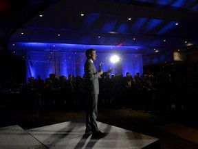 Prime Minister Justin Trudeau speaks before the Canadian American Business Council's Annual State of the Relationship Dinner in Ottawa on Thursday, Nov. 8, 2018.