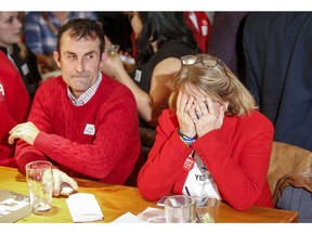 Members of the "Yes" campaign react to the results of a plebiscite on whether the city should proceed with a bid for the 2026 Winter Olympics, in Calgary, Alta., Tuesday, Nov. 13, 2018.THE CANADIAN PRESS/Jeff McIntosh