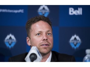 Vancouver Whitecaps new head coach Marc Dos Santos addresses a news conference in Vancouver, B.C. Wednesday, Nov. 7, 2018.