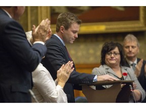 New Brunswick Premier Brian Gallant delivers his speech at the closure of the Throne Speech at the New Brunswick Legislature in Fredericton on Friday, Nov. 2, 2018.