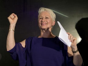 Independent candidate Kerryn Phelps delivers her victory speech at a Wentworth by-election evening function at North Bondi Life Saving Club in Sydney, Saturday, Oct. 20, 2018. Australia's ruling coalition will be forced into minority government after a heavy defeat in a by-election for former Liberal Party Prime Minister Malcolm Turnbull's old seat. With 15 percent of votes counted Saturday, Liberal candidate Dave Sharma conceded defeat to Phelps.