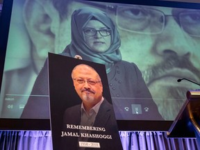 A video image of Hatice Cengiz, fiancee of slain Saudi journalist Jamal Khashoggi, is played during a Nov. 2, 2018, event to remember Khashoggi, who was killed inside the Saudi Consulate in Istanbul on Oct. 2, 2018.