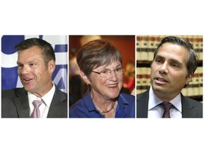 FILE - This combination of file photos shows Kansas gubernatorial candidates in the November 2018 election from left: Republican Secretary of State Kris Kobach; Democratic state Sen. Laura Kelly; and Independent candidate, businessmen Greg Orman.