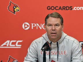 University of Louisville athletic director Vince Tyra speaks to the media during a news conference in Louisville, Ky., Sunday, Nov. 11, 2018. Tyra announced the termination of head football coach Bobby Petrino, along with three of his assistants.