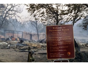 This Friday, Nov. 9, 2018 file photo shows Paramount Ranch, a frontier western town built as a movie set that appeared in countless movies and TV shows, after it was decimated by the Woolsey fire in Agoura Hills, Calif. Southern Californians faced with the loss of lives and homes in a huge wildfire are also grappling with the destruction of public lands popular with hikers, horseback riders and mountain bikers. The Woolsey fire has charred more than 83 percent of National Park Service land within the Santa Monica Mountain National Recreational Area.