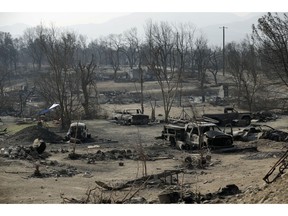 FILE - In this Aug. 11, 2018, file photo, Burned out cars sit in a neighborhood burned in the Carr Fire in Redding, Calif. A network of about 35 volunteers, called Carr Fire Pet Rescue and Reunification, is responsible for many of the happy endings, which continue nearly two months after firefighters extinguished the blaze, which destroyed more than 1,000 homes and killed six people.