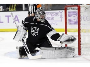 Los Angeles Kings goaltender Jack Campbell stops a Columbus Blue Jackets shot during the first period of an NHL hockey game Saturday, Nov. 3, 2018, in Los Angeles.